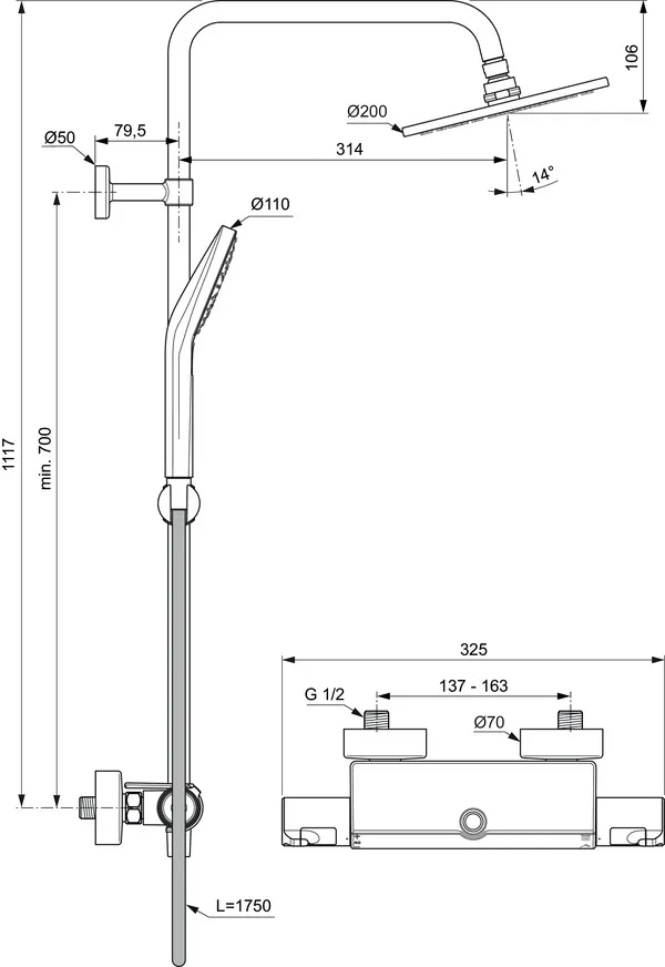 Duschsystem mit Brausethermostat Ceratherm T50, Brauseschlauch 1 T500mm, Chrom