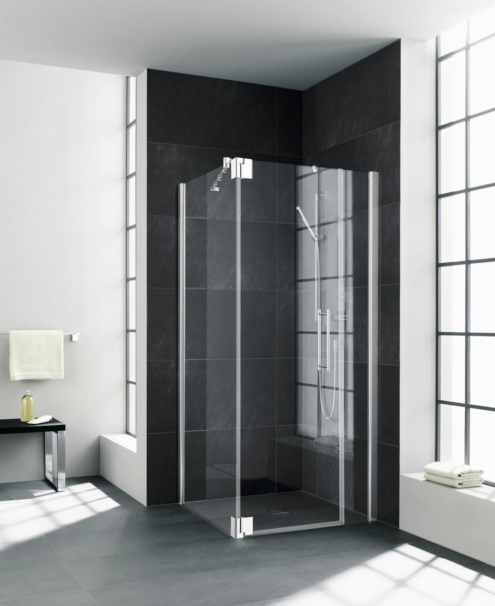 PASA XP PX1FR Pendeltür 1-flügelig und Festfeld rechts, für Ecke, Höhe 1850 mm, Wanneneinbaumaß 880-910 mm, Breitenverstellmaß 870-900 mm, Glasaußenkante 855-885 mm, Farbe Silber Mattglanz, Glas ESG Klar