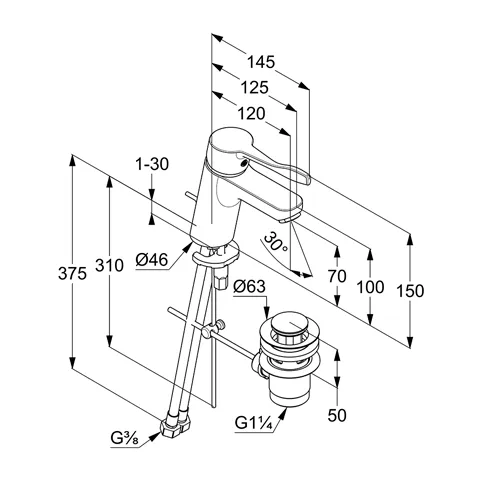 Kludi PURE & EASY Waschtisch-EHM 70 m. PUBLIC HEBEL 120mm chrom