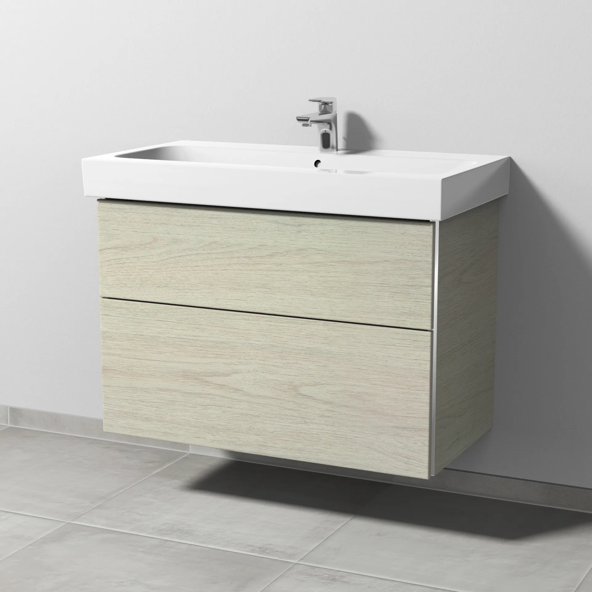 Sanipa Waschtischunterschrank „3way“ passend zu Keramik-Waschtische iCon von Geberit 850 × 593 × 462 mm in White Oak, Becken mittig