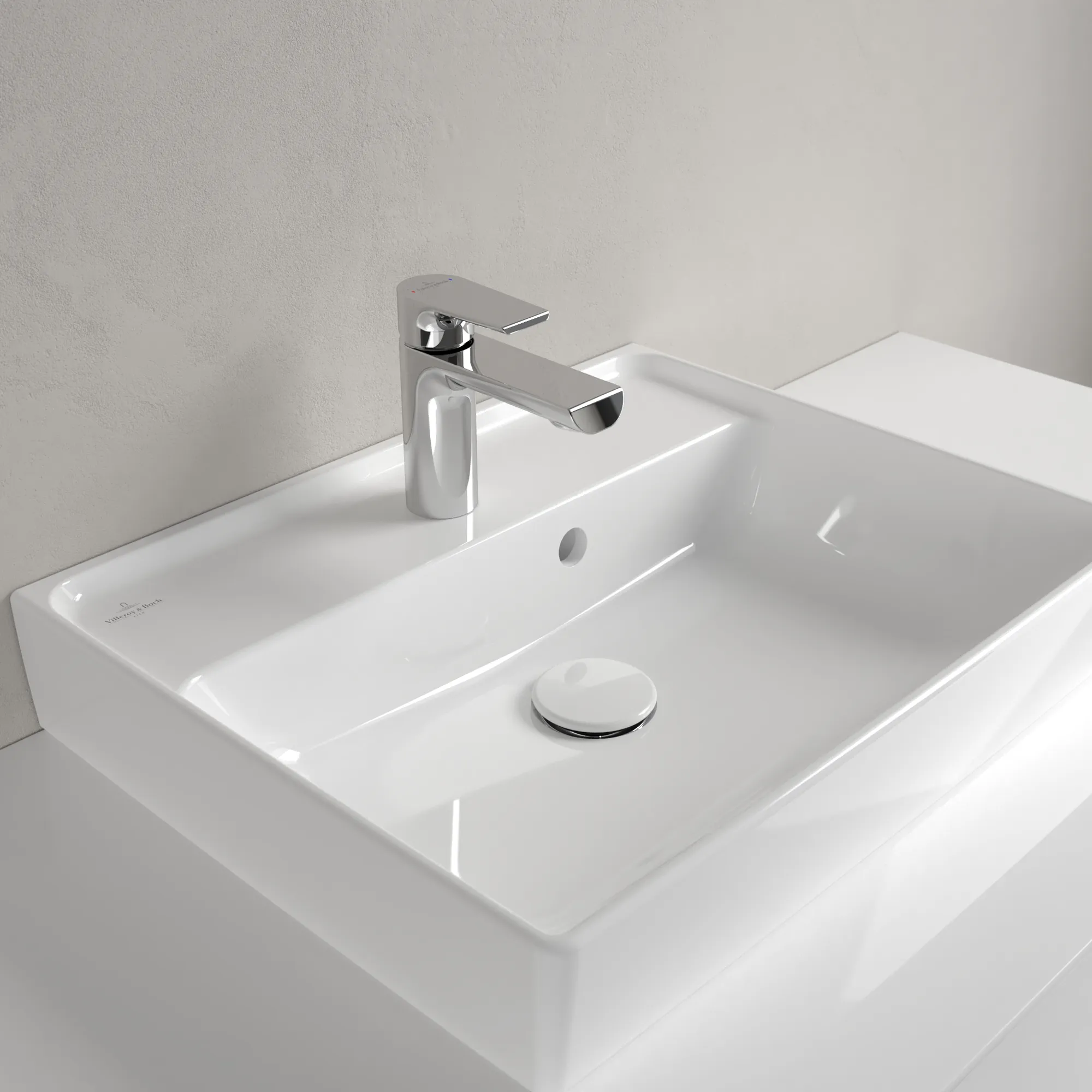 Villeroy & Boch Handwaschbecken aus TitanCeram geschliffen „Collaro“ 500 × 400 × 150 mm, mit Hahnlochbohrung, Hahnlochposition mittig in Weiß Alpin