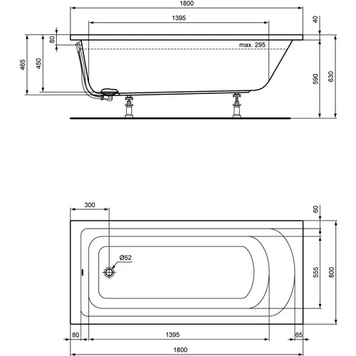 Badundu Badewanne rechteck 1800 × 800 mm, Fußablauf