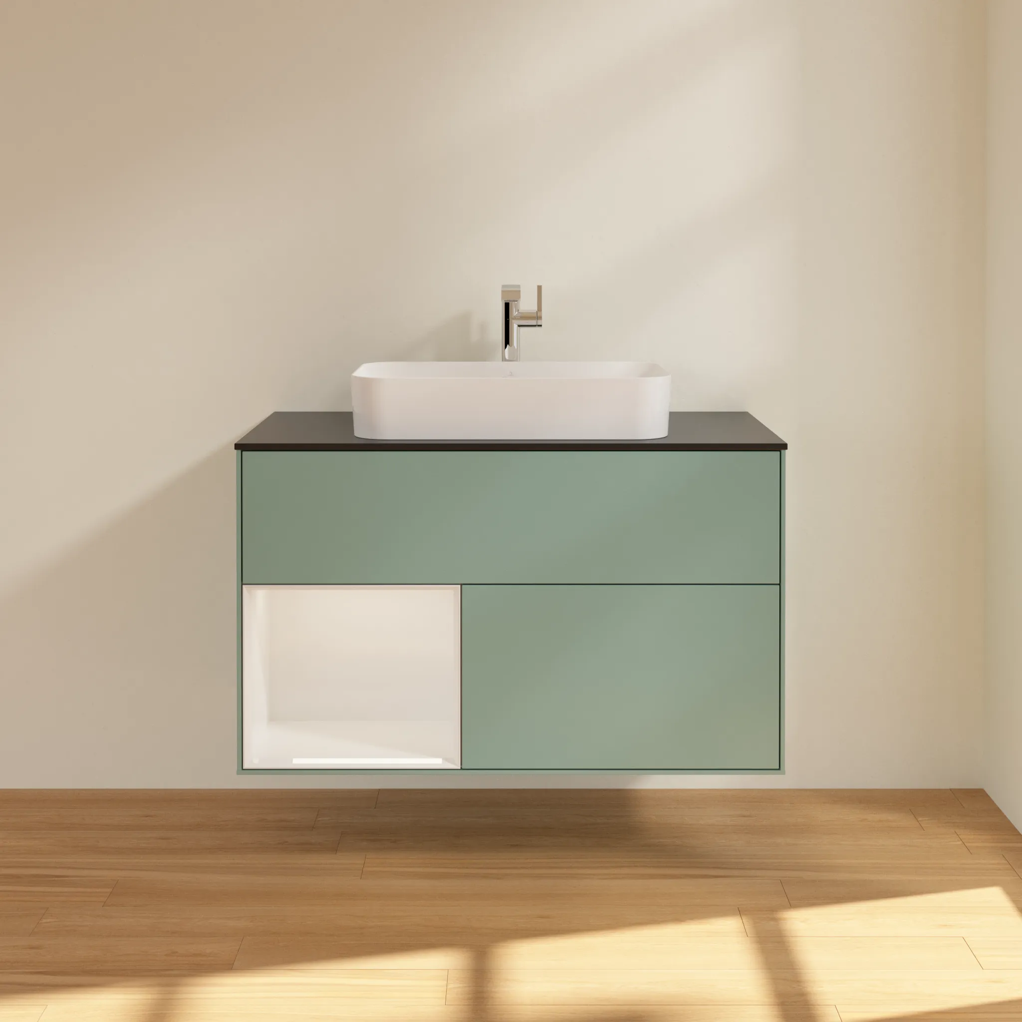 Villeroy & Boch Waschtischunterschrank „Finion“ für Schrankwaschtisch 1000 × 603 × 501 mm Olive Matt Lacquer, mit Hahnlochbohrung, für Becken mittig Villeroy & Boch Waschtischunterschrank „Finion“ für Schrankwaschtisch 1000 × 603 × 501 mm Olive Matt Lacquer, mit Hahnlochbohrung, für Becken mittig
