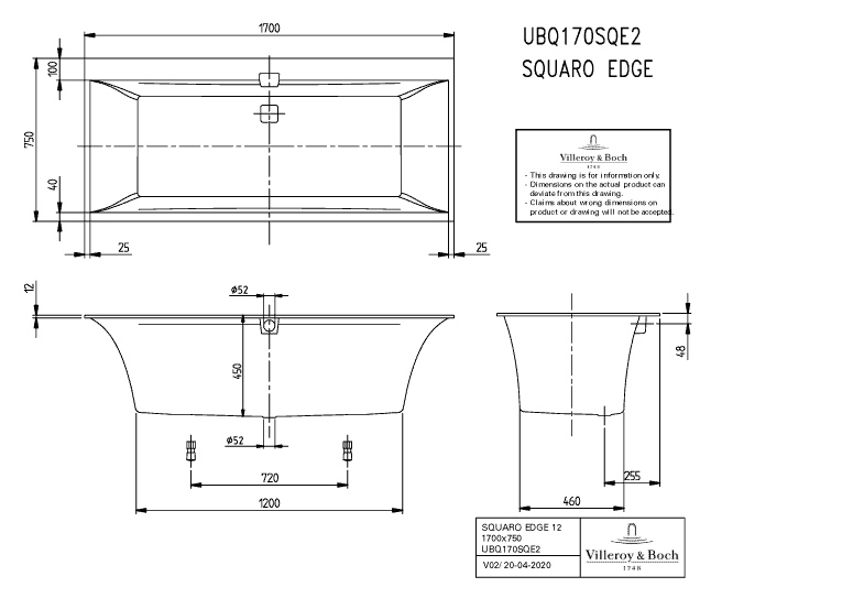 Villeroy & Boch rechteck Badewanne „Squaro Edge 12“ 170 × 75 cm in Stone White, 