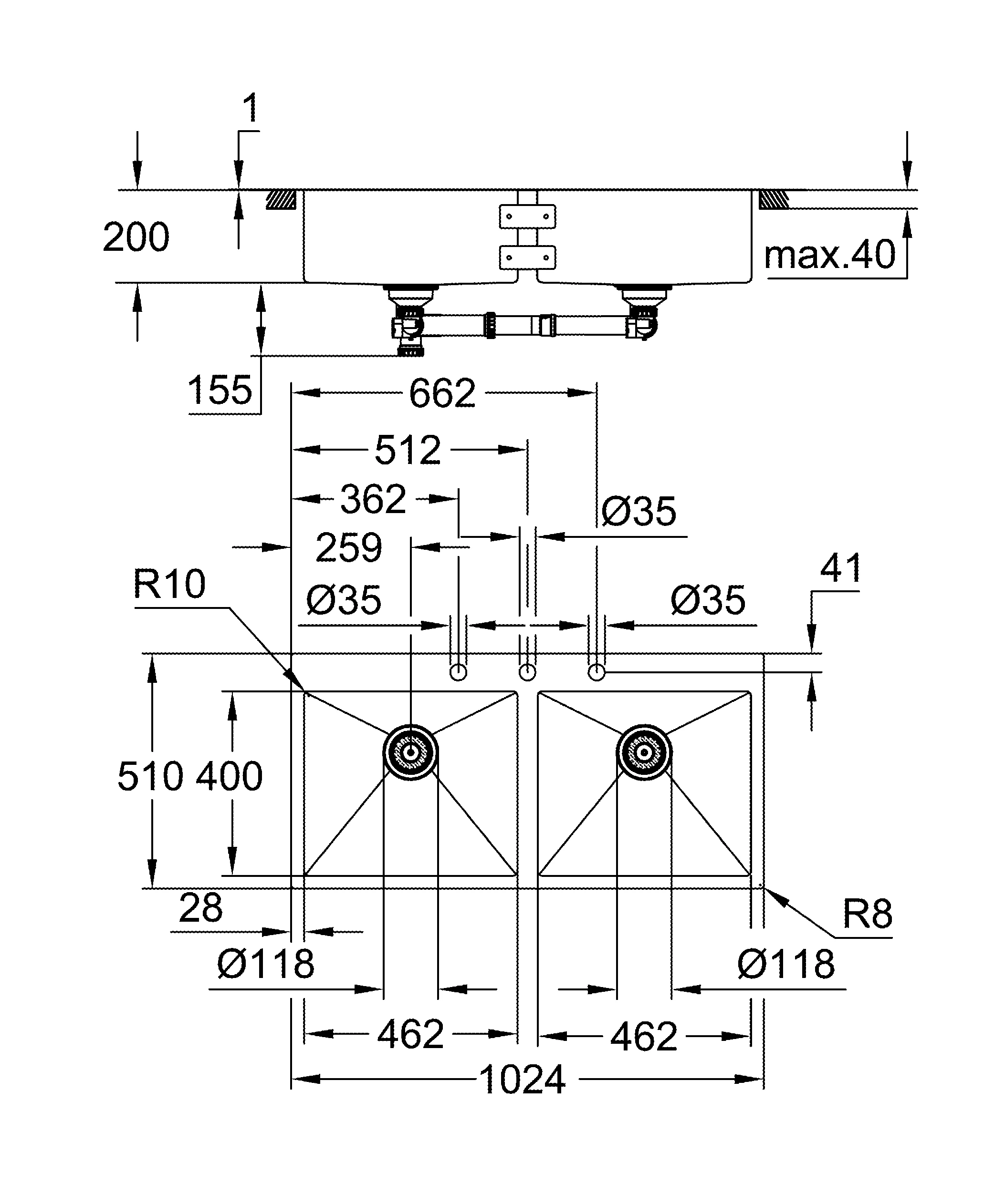 Edelstahlspüle K800 31585_1, Modell: K800 120-S 102,4/51 2.0, Montageart: flächenbündig, Maße: 1024 x 510 mm, 2 Becken: 462 x 400 x 200 mm, edelstahl