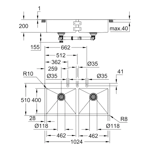 Grohe K800 Edelstahlspüle, Modell: K800 120-S 102,4⁄51 2.0, Montageart: aufliegend oder flächenbündig, Material: Edelstahl AISI 304 (V2A), Oberfläche: Satin Finish Grohe K800 Edelstahlspüle, Modell: K800 120-S 102,4⁄51 2.0, Montageart: aufliegend oder flächenbündig, Material: Edelstahl AISI 304 (V2A), Oberfläche: Satin Finish