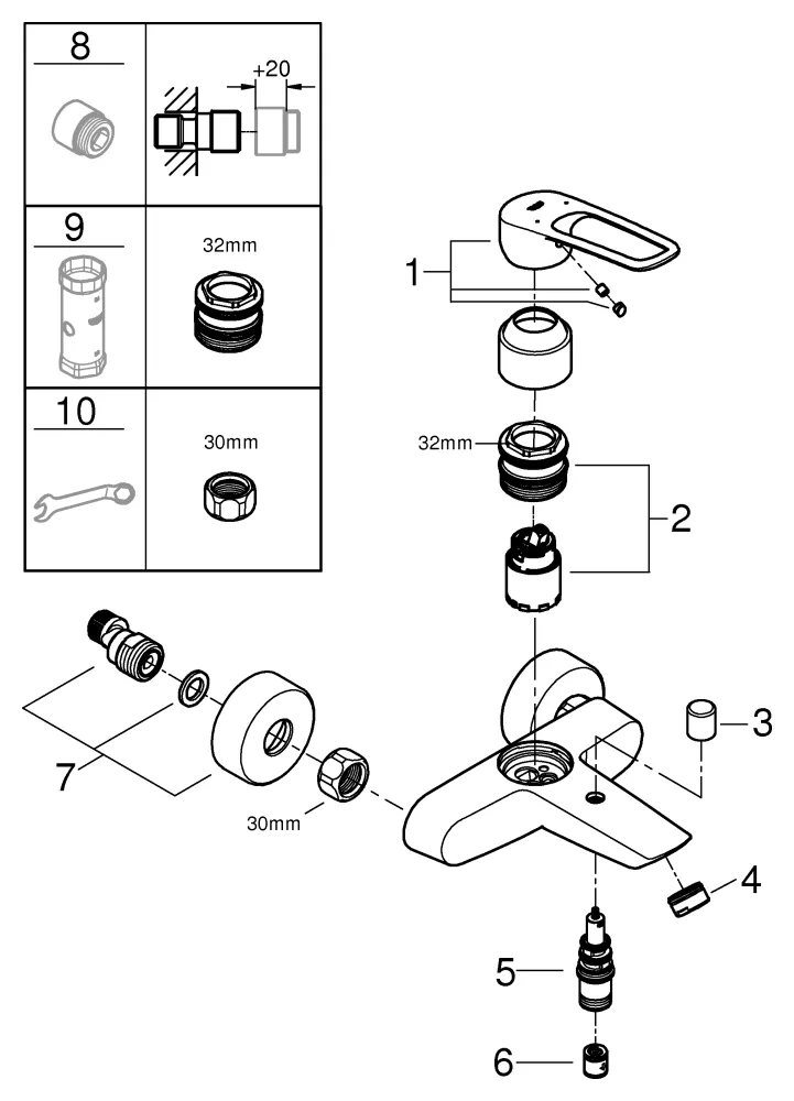 Einhand-Wannenbatterie Eurosmart, 25241_3, Wandmontage, offener Metall-Hebelgriff, Temperaturbegrenzer, S-Anschlüsse, eigensicher, chrom