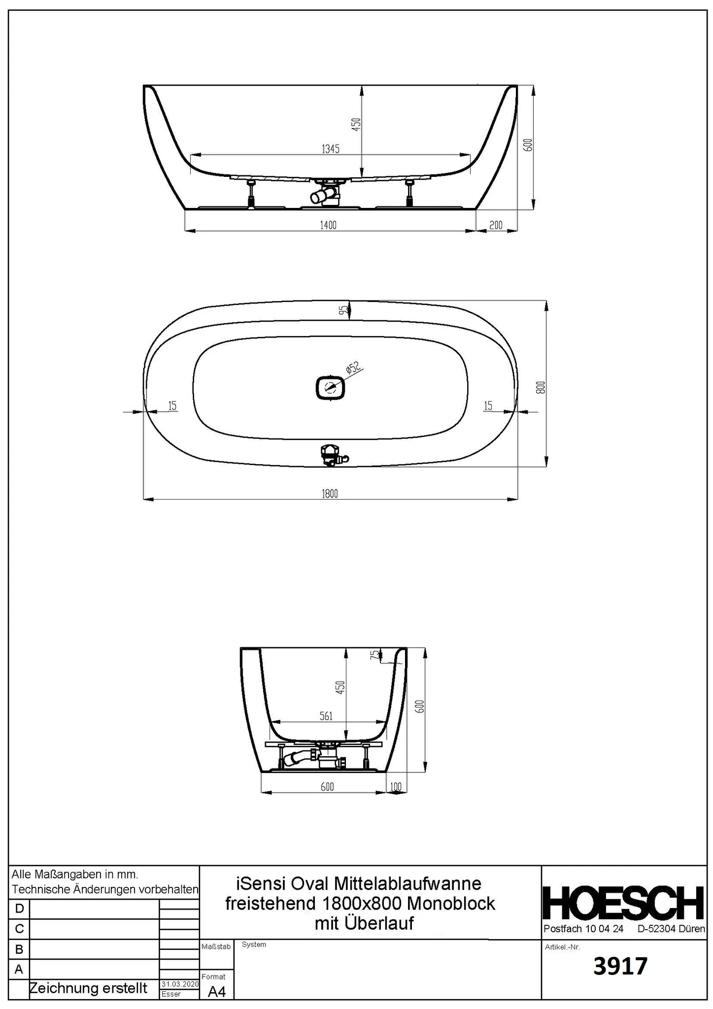 Hoesch iSensi Freistehende Badewanne in Weiß, oval, 1800 x 800 mm, mit Monolith-Schürze und Überlauf Hoesch iSensi Freistehende Badewanne in Weiß, oval, 1800 x 800 mm, mit Monolith-Schürze und Überlauf