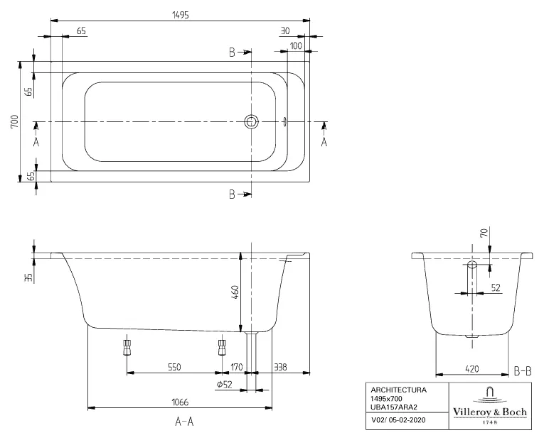 Villeroy & Boch Badewanne „Architectura“ rechteck 150 × 70 cm, Fußablauf