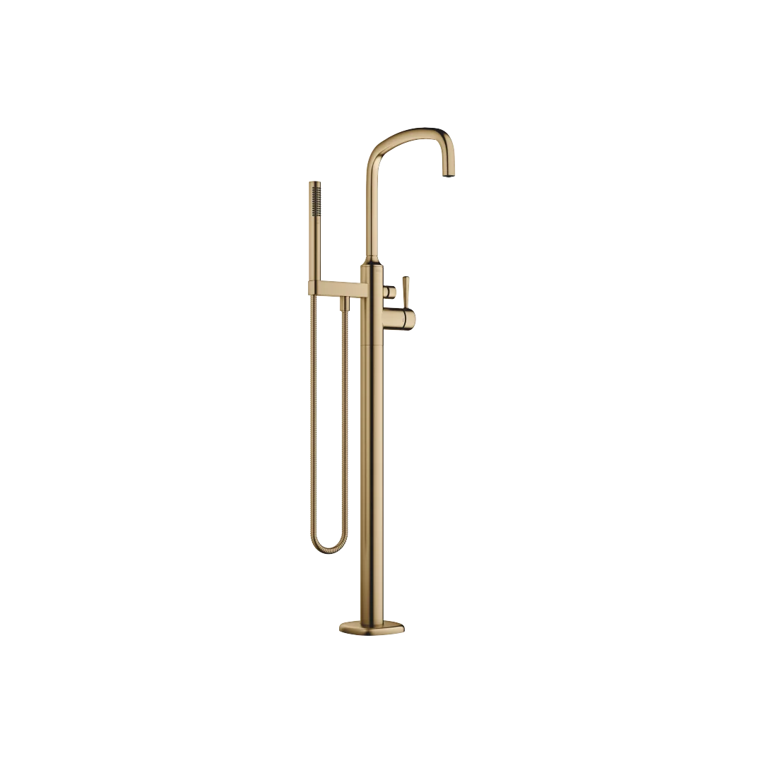Dornbracht COYA Wannen-Einhandbatterie mit Standrohr, Dark Brass gebürstet PVD, Ausladung 280 mm, Höhe 1.016–1.086 mm, Durchfluss max. 24,6 l/min bei 3 bar, schwenkbarer Auslauf 360°, automatische Wanne/Brause-Umstellung
