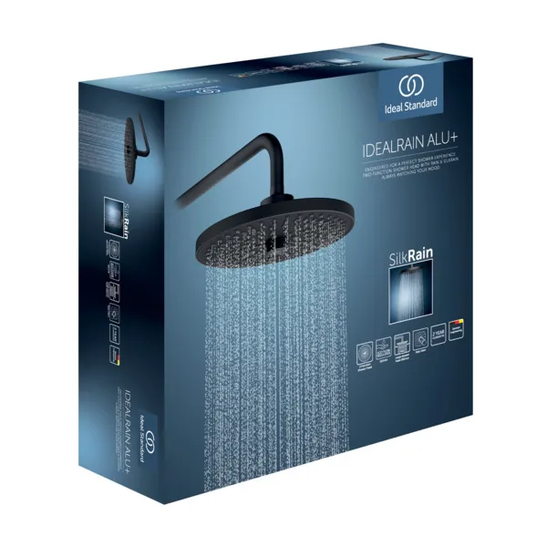Ideal Standard 2-Funktions-Kopfbrause Idealrain Alu+ Silk Black, Durchmesser 260 mm, sanfter Regen und Regenstrahl, Drehumschaltung, Kugelgelenk