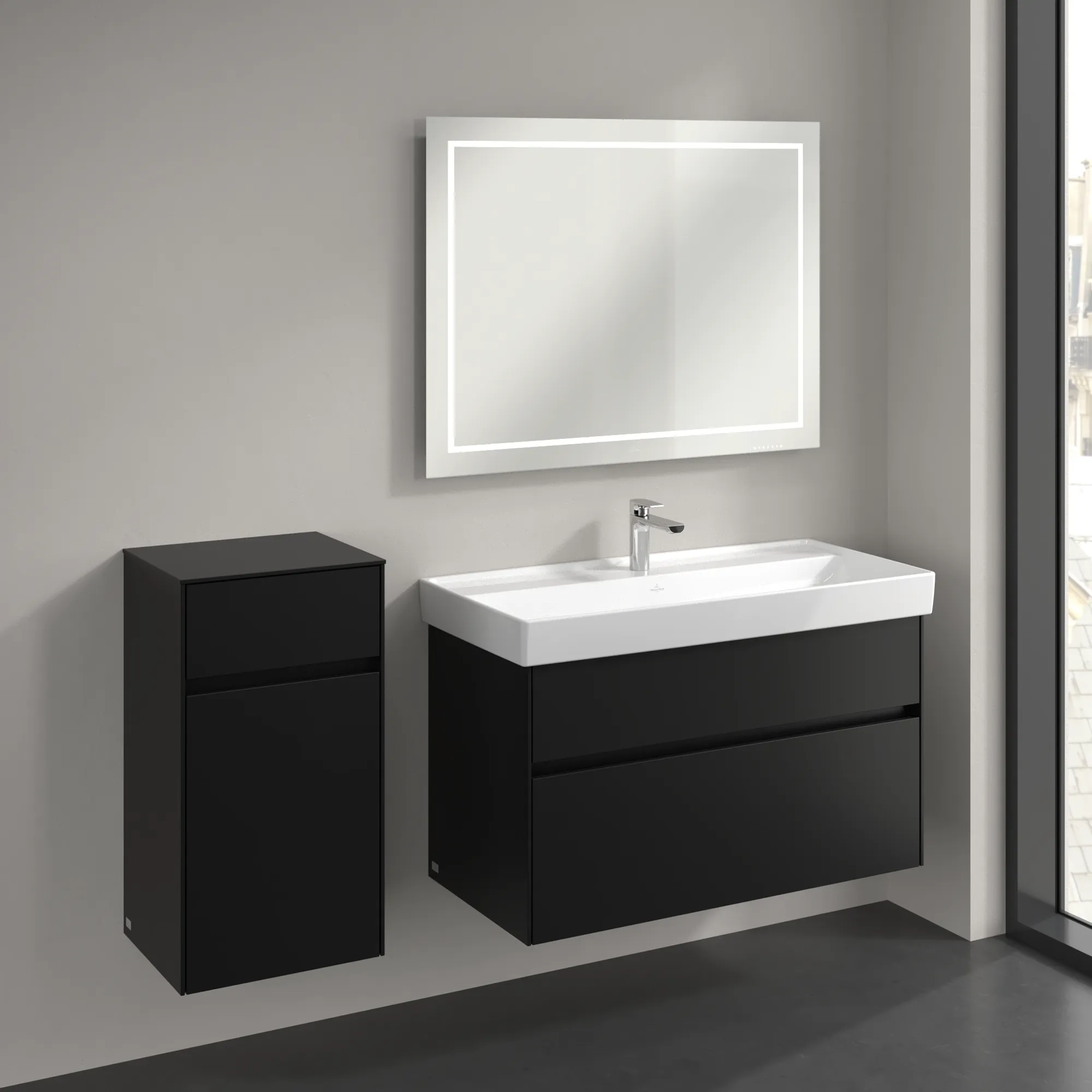 Villeroy & Boch Seitenschrank Collaro C03200, Volcano Black, 404x748x349 mm, 1 Tür, 1 Schublade mit SoftClosing, Wandmontage Villeroy & Boch Seitenschrank Collaro C03200, Volcano Black, 404x748x349 mm, 1 Tür, 1 Schublade mit SoftClosing, Wandmontage