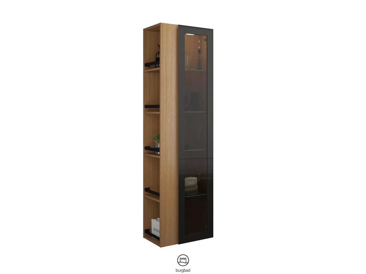 Hochschrank, 1 Alurahmentür mit Rauchglaseinsatz in Bronze;4 Glaseinlegeböden;LED-Innenbeleuchtung, 5 W, 4000 K;Energieeffizienzklasse F;für Raumschaltung;offenes Regal mit 4 Einlegeböden;IP20, Tiefe: 320 mm, Breite: 500 mm, Höhe: 1760 mm