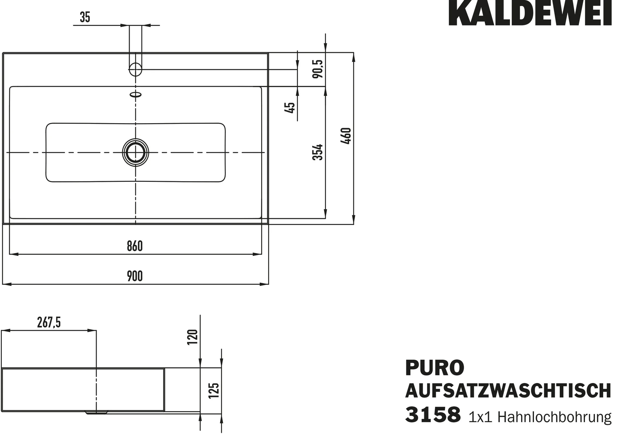 Kaldewei Aufsatzwaschtisch PURO mit 1 Hahnlochbohrung und Überlauf, 900 x 460 mm in alpinweiß