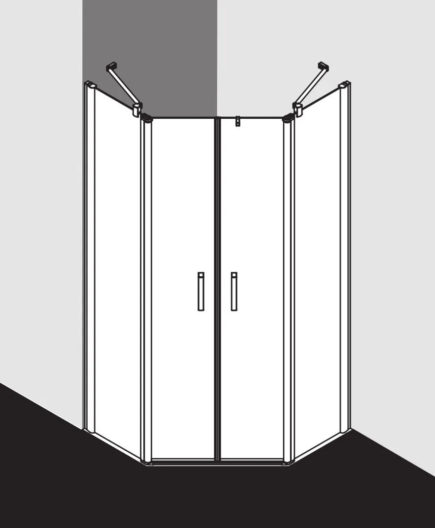 Kermi Duschdesign Fünfeck-Duschkabine mit Pendeltüren mit Festfeldern „PEGA“ Glas Klar, Profile Silber Hochglanz, BV: 865 - 890 mm GAK: 850 - 875 mm WE: 875 - 900 mm H: 1850 mm Kermi Duschdesign Fünfeck-Duschkabine mit Pendeltüren mit Festfeldern „PEGA“ Glas Klar, Profile Silber Hochglanz, BV: 865 - 890 mm GAK: 850 - 875 mm WE: 875 - 900 mm H: 1850 mm