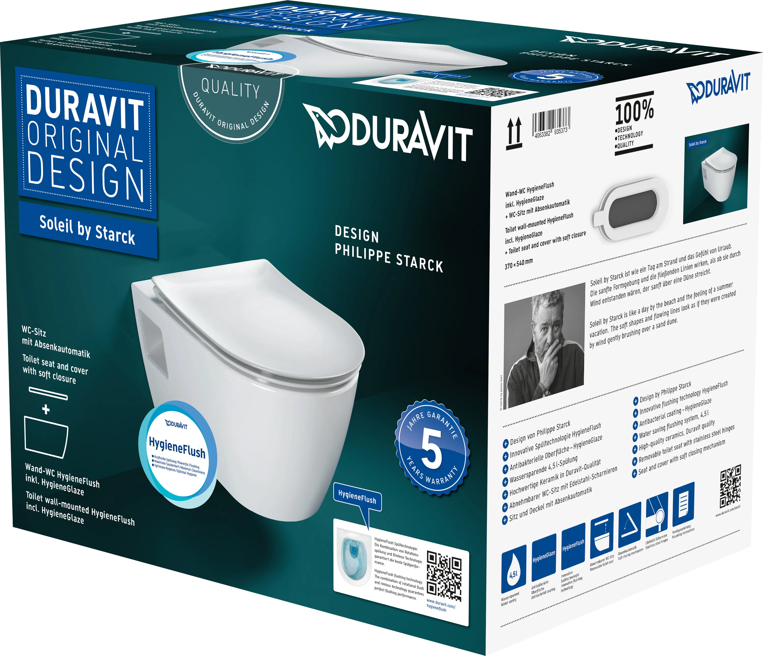 Duravit Wand-Tiefspül-WC inkl. WC-Sitz „Soleil by Starck“ 37 × 54 × 40 cm, Befestigung verdeckt, ohne Spülrand