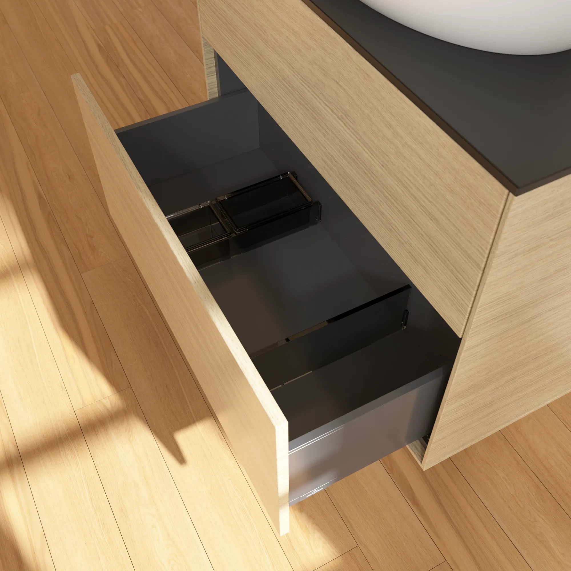 Villeroy & Boch Waschbeckenunterschrank Finion F87, Eckig Oak Veneer mit Glass Black Matt Abdeckplatte, 800x603x501mm, 48kg, Wandmontage, 2 Auszüge mit SoftClosing und Push-to-open Funktion