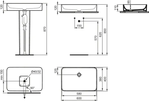 Ideal Standard Conca Schale, eckig, Seidenweiß, 600x400x110 mm, Feinfeuerton, ohne Hahnloch, ohne Überlauf