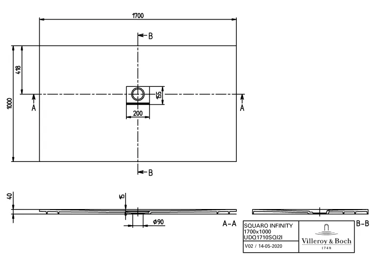 Villeroy & Boch rechteck Duschwanne „Squaro Infinity“ nur flächenbündige Installation 170 × 100 cm