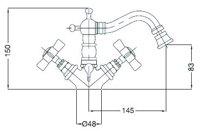 Bidet-Einlochbatterie AqvaRetro II - 1" 1/4 Zugstangen-Ablaufgarnitur - keramische Innenoberteile 90° - flexible Druckschläuche 3/8", DVGW W270 - chrom