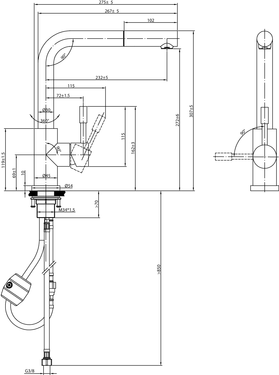 Villeroy & Boch Küchenarmatur Steel Shower Window 969901, 45x275mm aus Edelstahl Matt Black