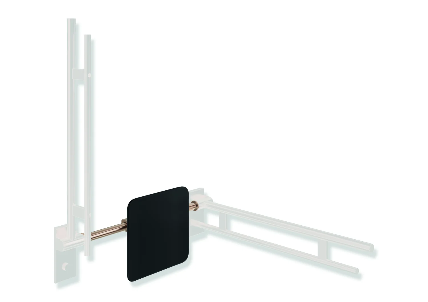 HEWI Rückensstütze System 900, PVD-beschichtet, Kupfer gebürstet, 330 mm hoch, 150 mm tief, Achsmaß 588–688 mm verstellbar, Montage an Stützklappgriffen, Design (A), Lehne schwarz