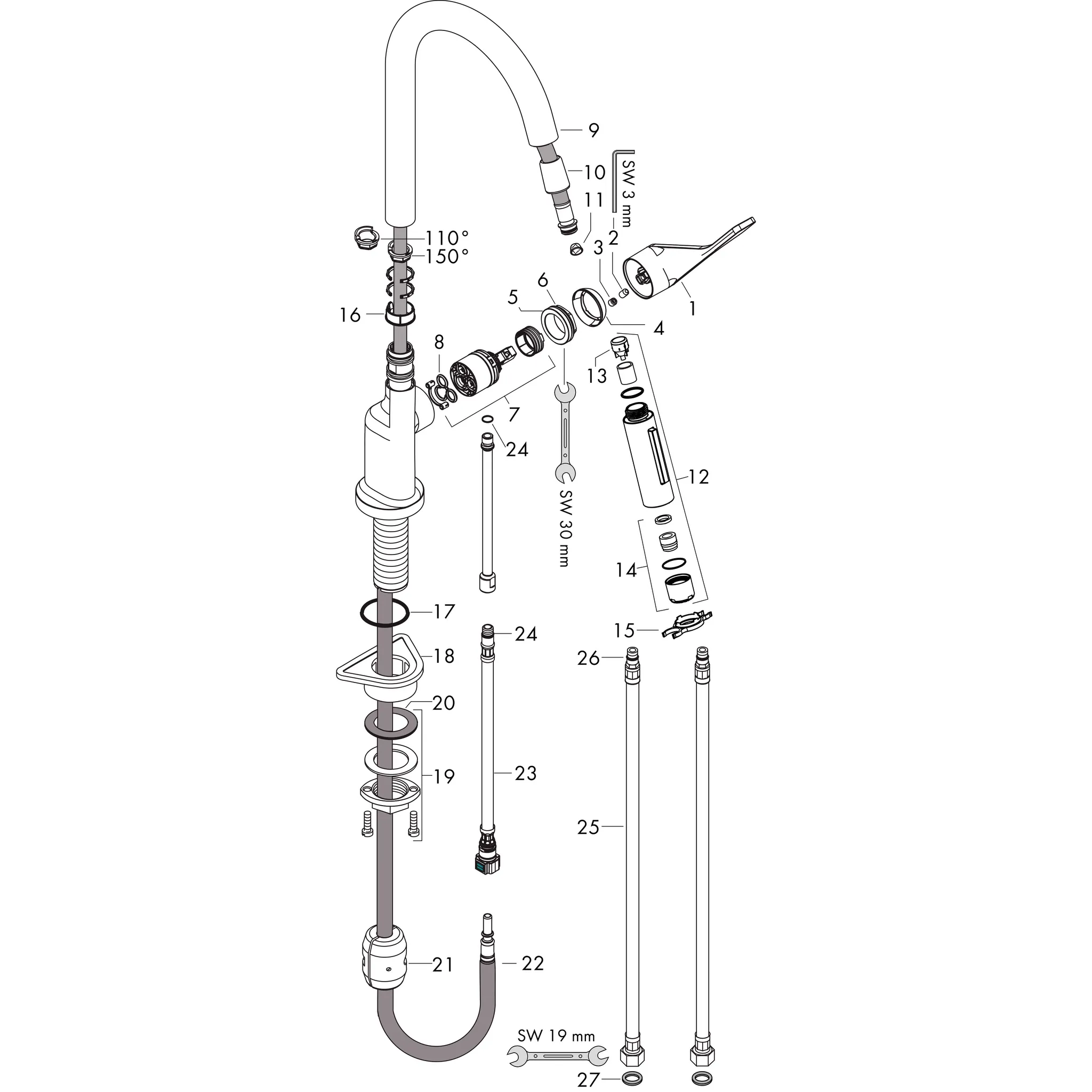 Hansgrohe Axor Citterio Küchenmischer 39835XXX Brushed Nickel mit Ausziehbrause, ComfortZone 250, Schwenkbereich 110° oder 150°, Laminarstrahl, MagFit Halterung, Quick-Connect Schlauch, max. Durchfluss 9,2 l/min, Keramikmischsystem, Temperaturbegrenzung