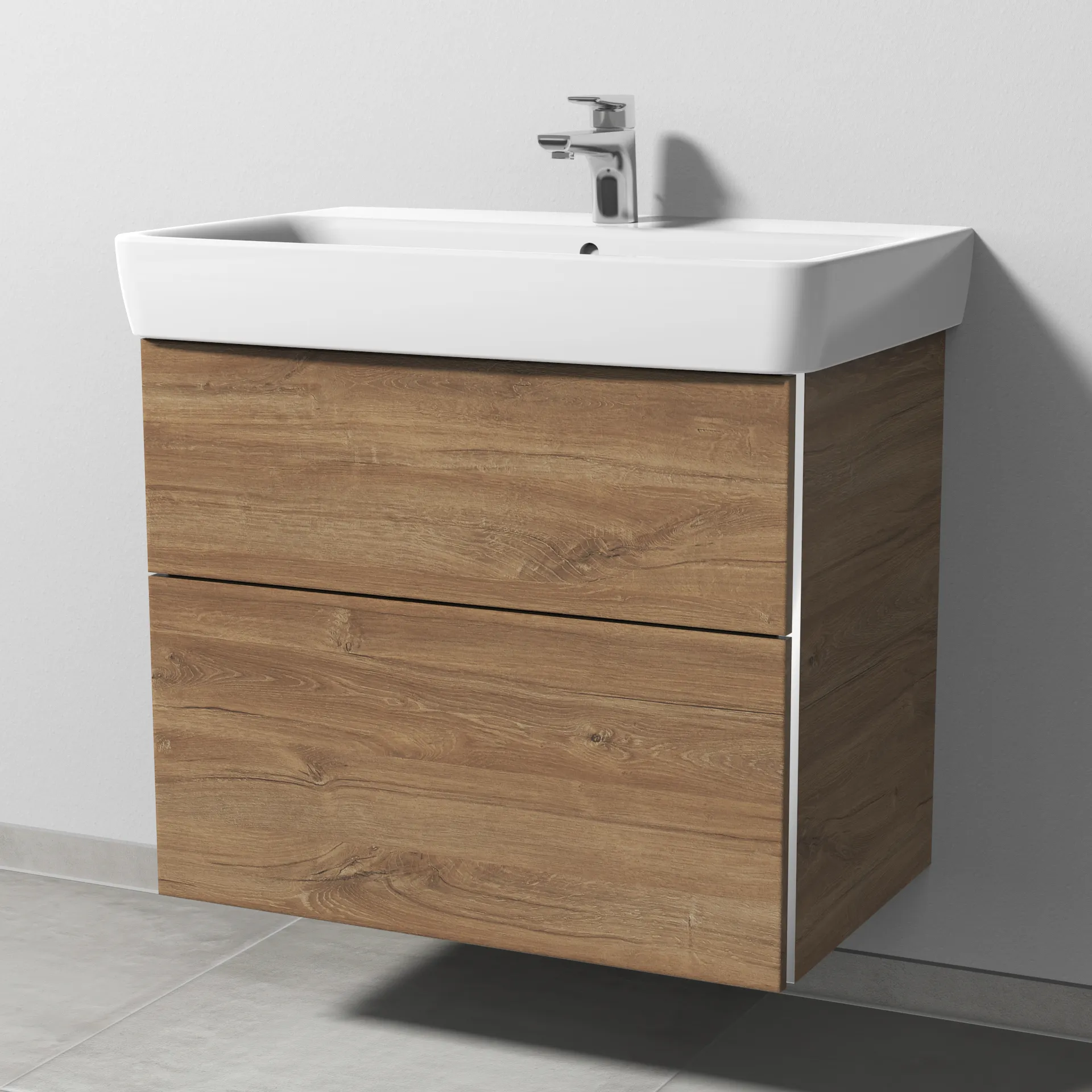 Sanipa Waschtischunterschrank „3way“ passend zu Keramik-Waschtische Renova Plan von Geberit 690 × 588 × 407 mm in Eiche Kansas, Becken mittig