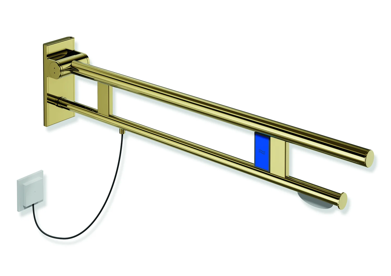 HEWI Stützklappgriff Duo, System 900, Edelstahl PVD gold glänzend, Ausladung 900 mm, mit WC-Papierhalter und Spülauslösung links