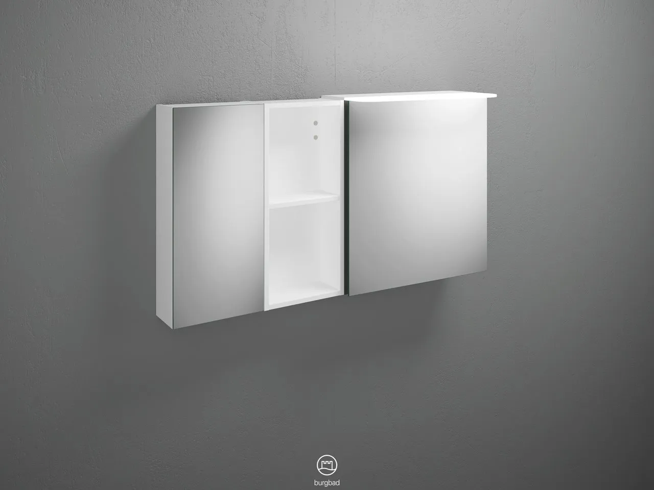 Burgbad Spiegelschrank Badu SFTX120, 310x1200x665 mm, 2 beidseitig verspiegelte Türen, LED-Aufsatzleuchte 4200 K, Schalter-Steckdosenelement