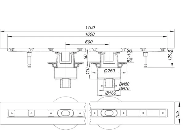 Duschrinne CeraLine senkrecht F Duo 1600 mm, DN 50/DN 70 Duschrinne CeraLine senkrecht F Duo 1600 mm, DN 50/DN 70