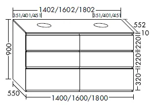 Waschtischunterschrank, Konsolenplatte;inkl. 2 Beckenausschnitte;Waschtischunterschrank;2 Schubladen oben, 350 mm tief, mit Siphonausschnitt und Inneneinteilung;2 Schubladen mittig, 350 mm tief;2 Auszüge unten, 420 mm tief, Tiefe: 552 mm, Breite: 1602 mm