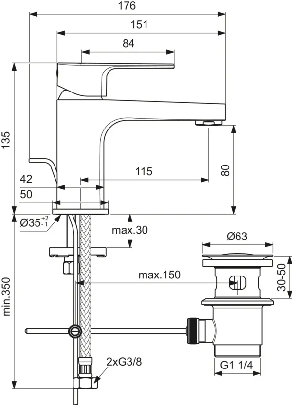 Waschtischarmatur Cerafine D, H80, mit Ablaufgarnitur, Ausladung 115mm, Chrom Waschtischarmatur Cerafine D, H80, mit Ablaufgarnitur, Ausladung 115mm, Chrom