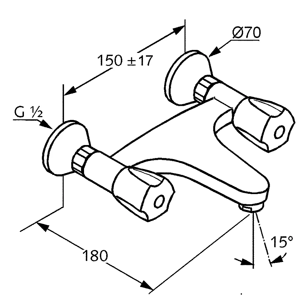 Kludi STANDARD CARE Wandarmatur DN 15 mit Terralux-Griff chrom, Ausladung 180 mm, Durchflussleistung 8 l/min, für geschlossene Trinkwassererwärmer