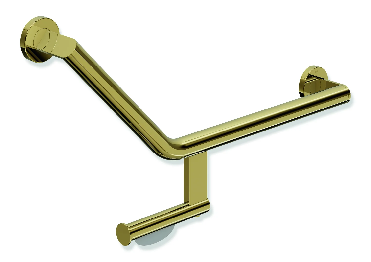 HEWI Winkelgriff mit WC-Papierrollenhalter, System 900, Edelstahl PVD gold glänzend, Achsmaße 620 mm und 283 mm, Winkel 135°, Durchmesser 32 mm,