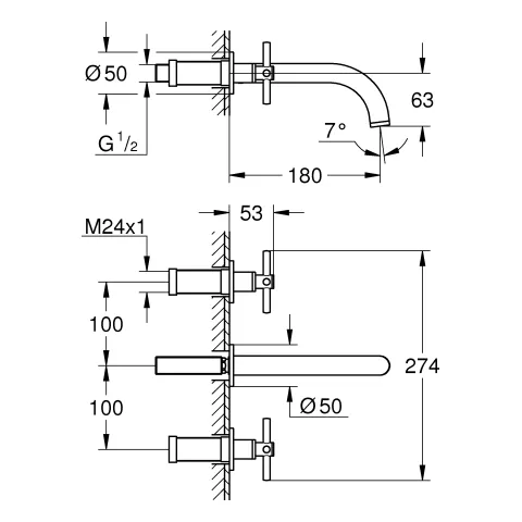 3-Loch-Waschtisch-Batterie Atrio 20661, Wandmontage, Fertigmontageset für 29 025 002, mit Kreuzgriffen, Ausladung 180 mm, chrom 3-Loch-Waschtisch-Batterie Atrio 20661, Wandmontage, Fertigmontageset für 29 025 002, mit Kreuzgriffen, Ausladung 180 mm, chrom