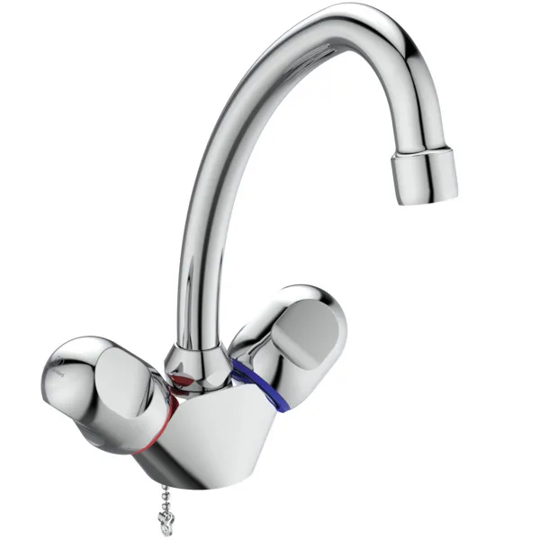 Zweigriff-Waschtischarmatur Alpha, ohne Ablaufgarnitur, mit Kette, Ausladung 155mm, Chrom Zweigriff-Waschtischarmatur Alpha, ohne Ablaufgarnitur, mit Kette, Ausladung 155mm, Chrom