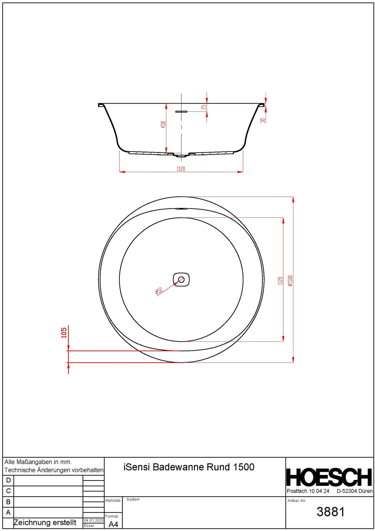 Hoesch Badewanne „iSensi“ rund ⌀ 1500 mm