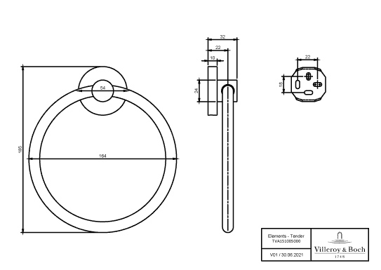 Villeroy & Boch Handtuchhalter „Elements-Tender“, Befestigung verdeckt, 1-armig ⌀ 15,2 × 5,4 cm in chrom