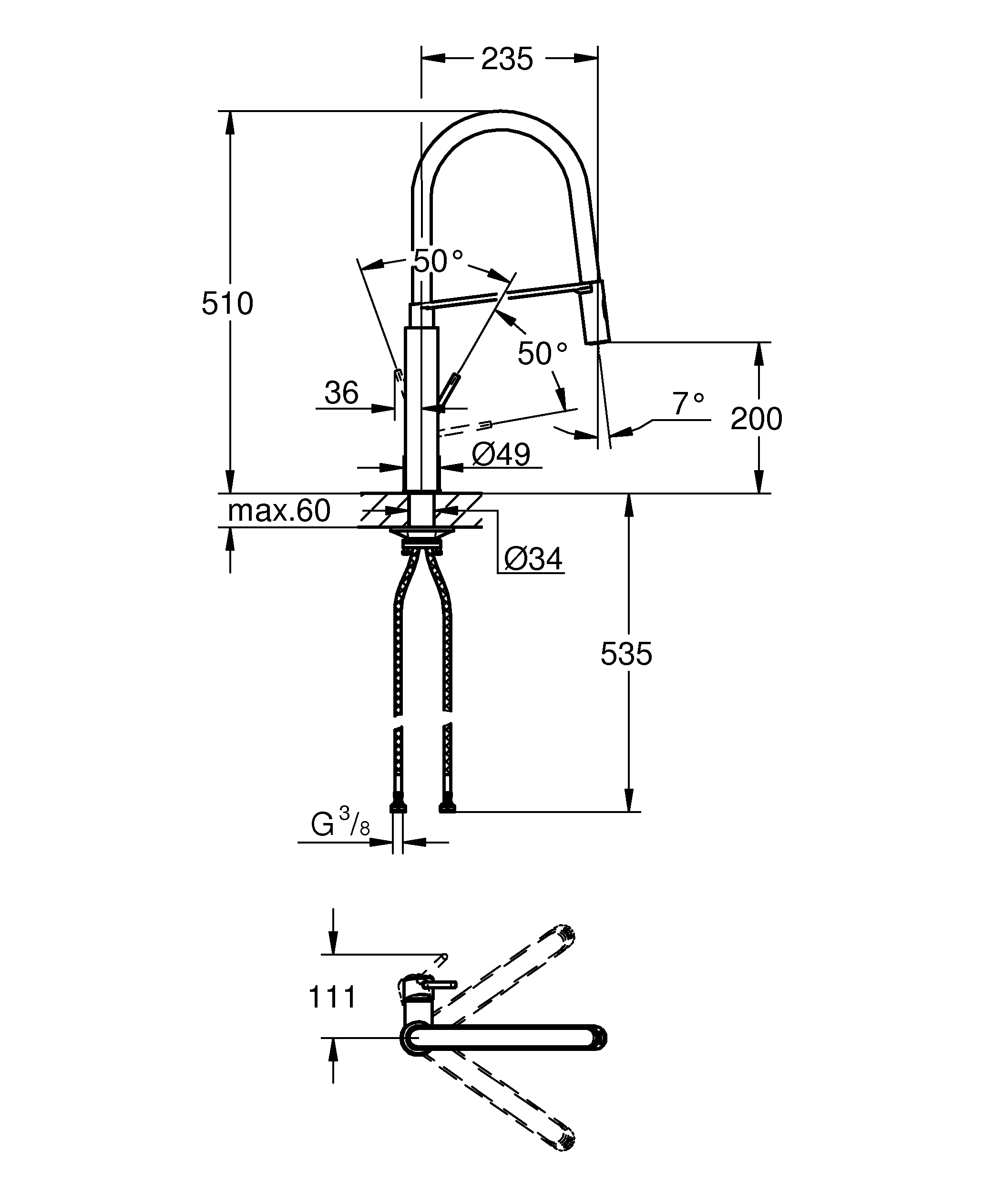 Einhand-Spültischbatterie Concetto 31491, Einlochmontage, herausziehbare SpeedClean Profibrause, mit GROHFlexx Küche Santopren-Schlauch, chrom