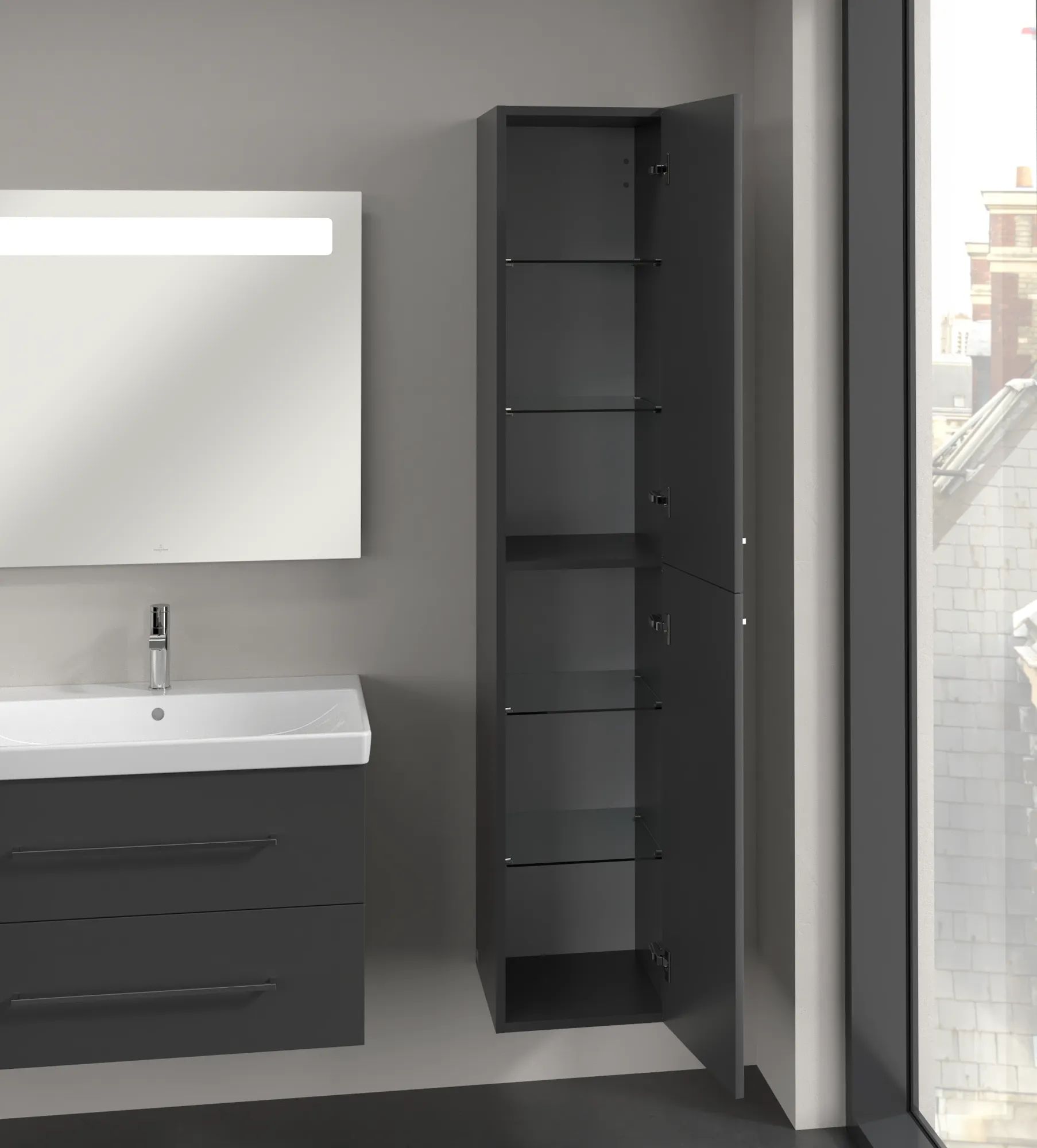 Villeroy & Boch Hochschrank „Avento“ 35 × 176 × 37,2 × 37,2 cm Graphite, Anschlag rechts, Soft Closing, 2 Türen