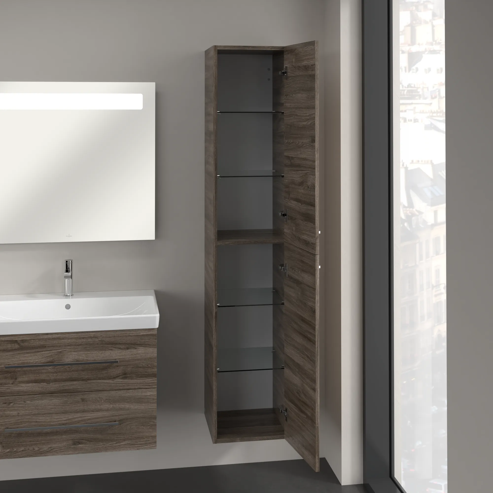 Villeroy & Boch Hochschrank „Avento“ 35 × 176 × 37,2 × 37,2 cm Stone Oak, Anschlag rechts, Soft Closing, 2 Türen