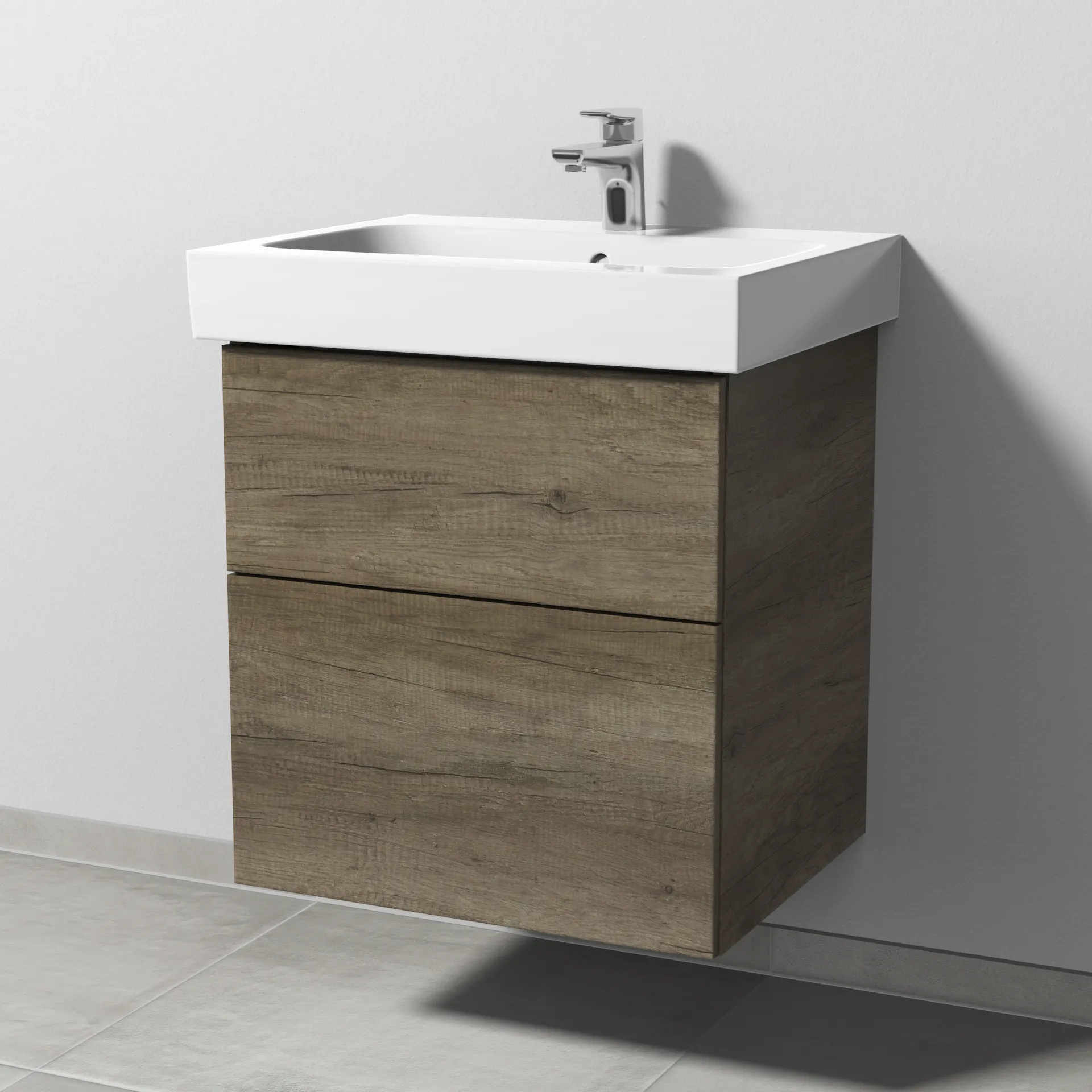 Sanipa Waschtischunterschrank „3way“ passend zu Keramik-Waschtische iCon von Geberit 550 × 593 × 462 mm in Eiche Nebraska, Becken mittig