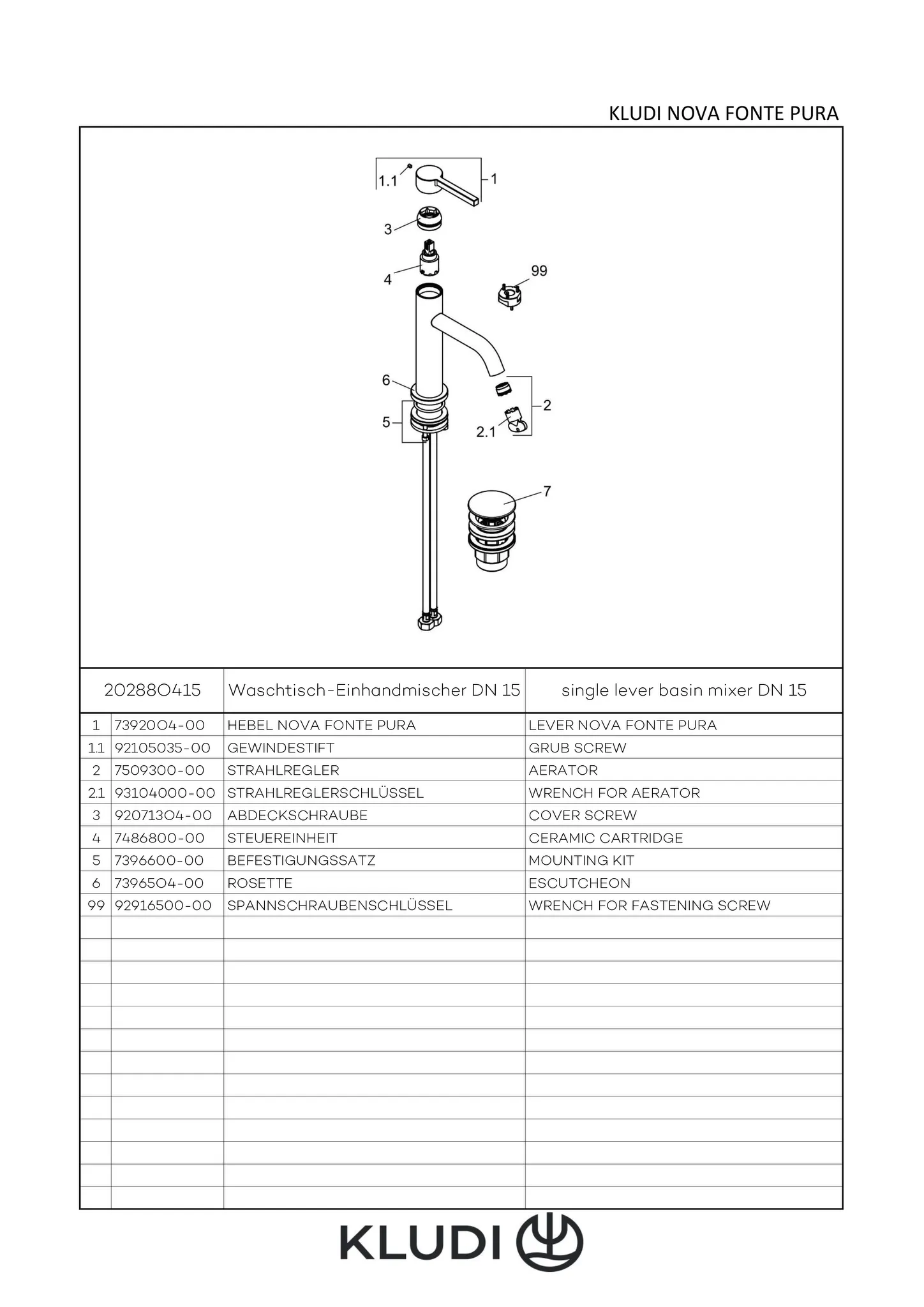 NOVA FONTE Pura Waschtisch-EHM 100 mit Push-Open chrom