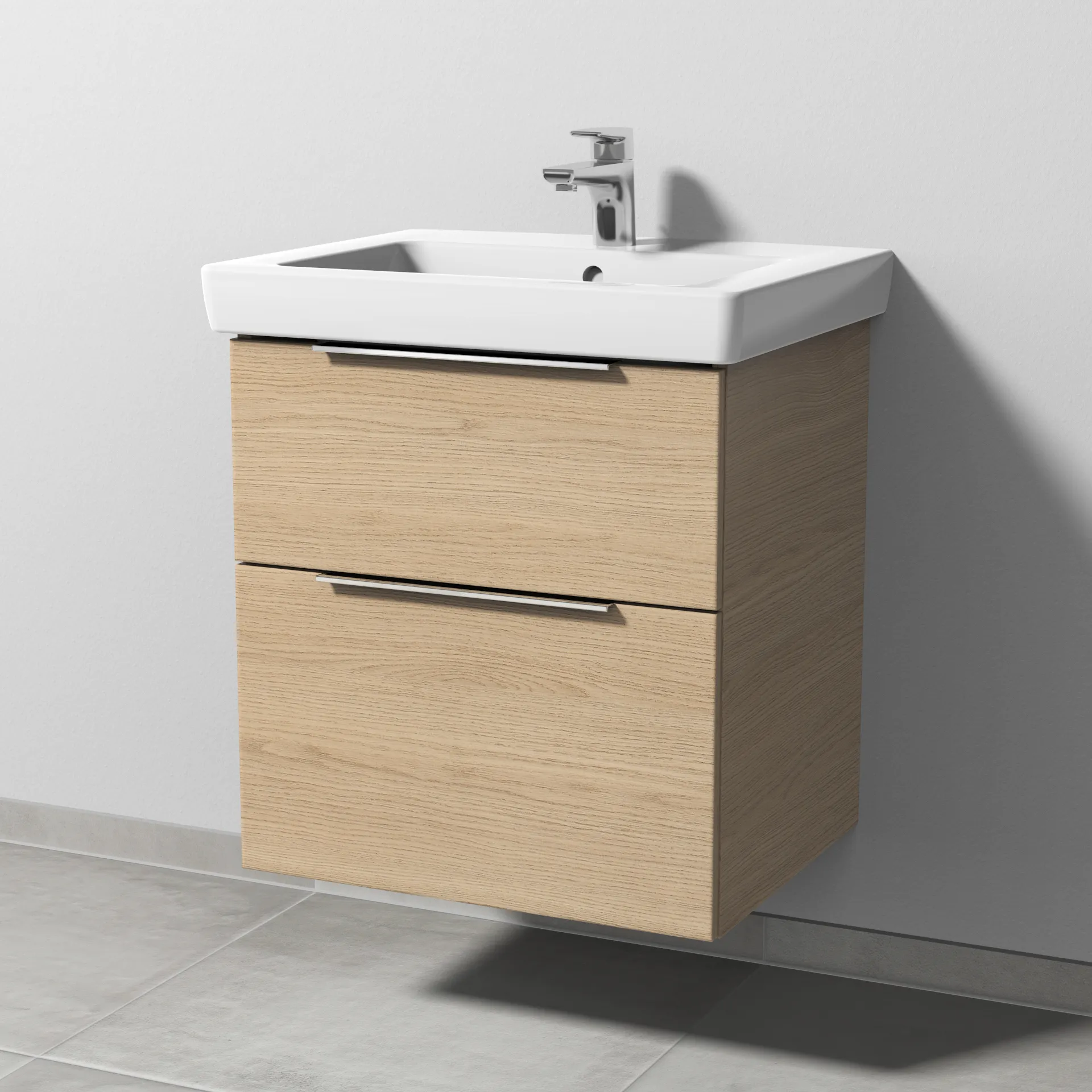 Sanipa Waschtischunterschrank „3way“ passend zu Keramik-Waschtische Subway 2.0 von Villeroy & Boch 550 × 593 × 447 mm in Eiche Nordic, Becken mittig