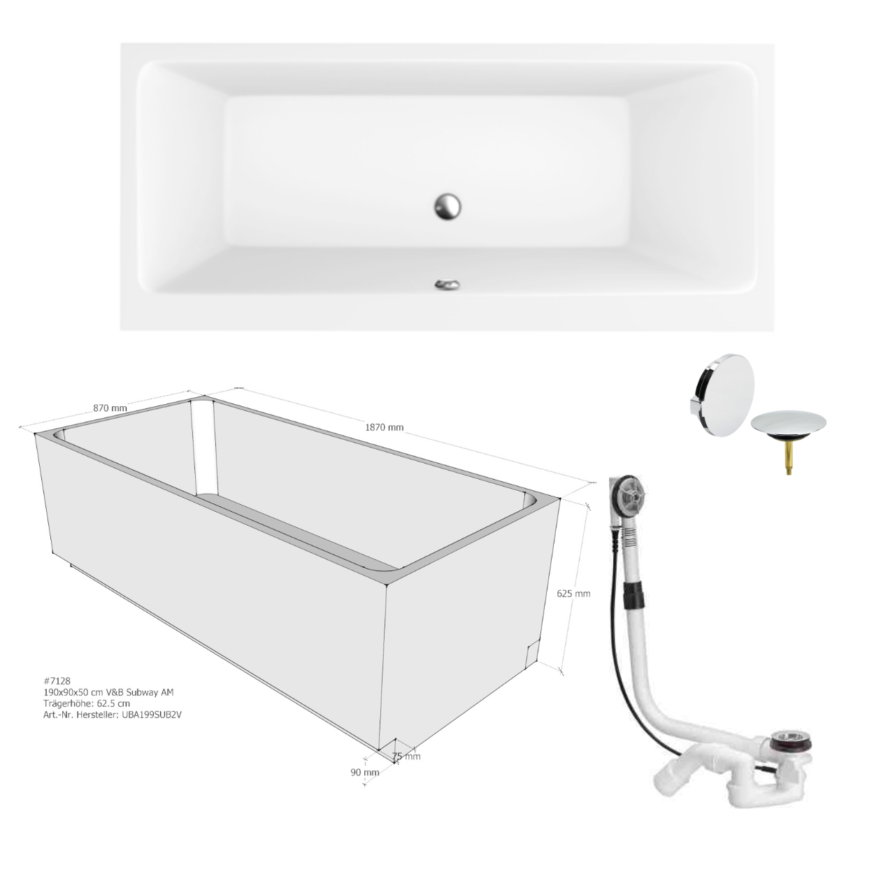 Set-Badewanne 190 x 90 cm aus Acryl „Subway“ Villeroy & Boch mit Träger und Viega Ablauf