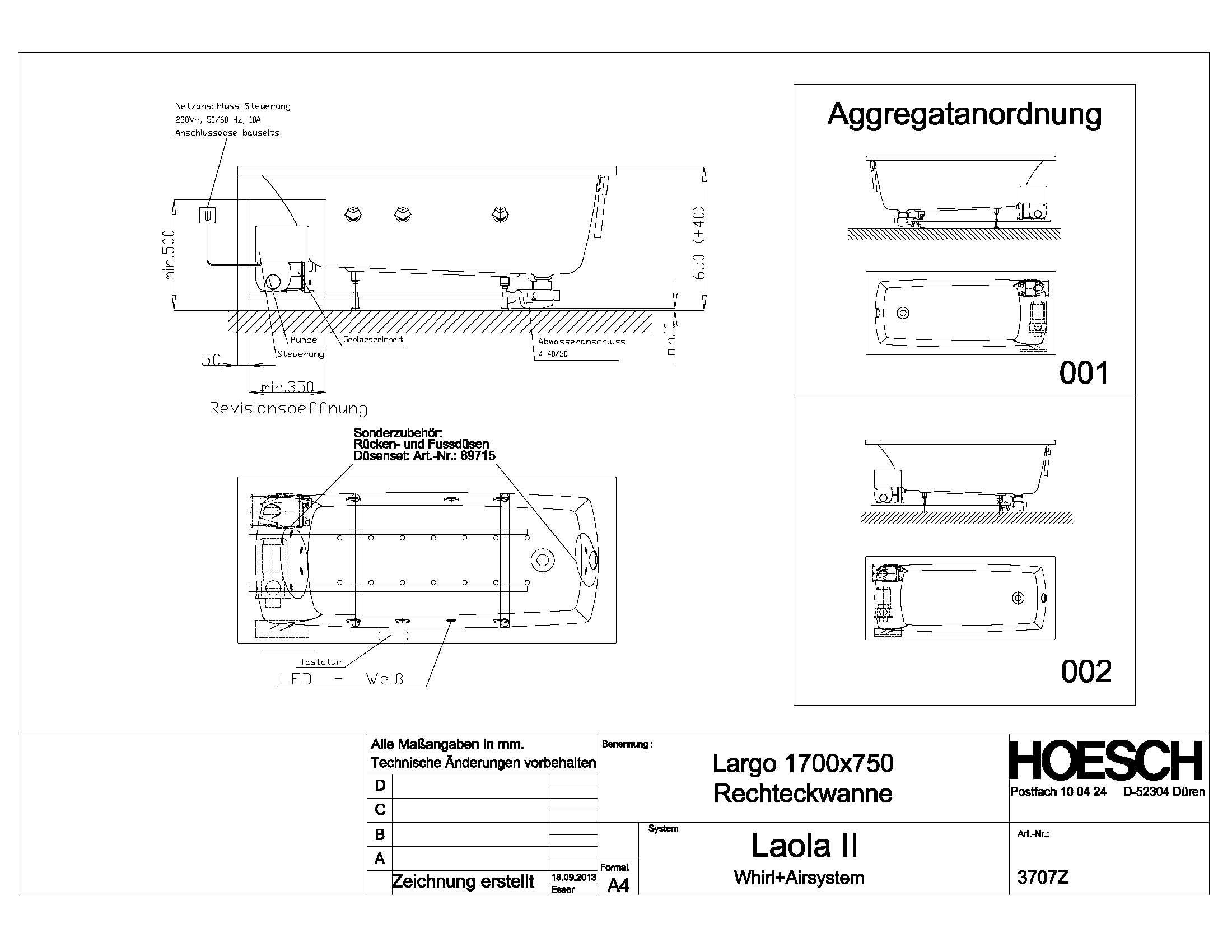 Hoesch Whirlwanne „Largo“ mit Whirlsystem „Laola II“ rechteck 170 × 75 cm