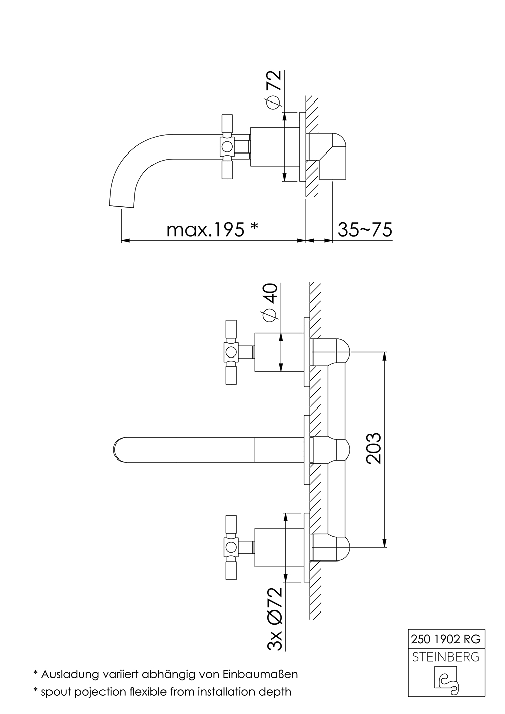Serie 250 3-Loch Waschtisch-Armatur zur Wandmontage, Ausladung: 19,5 cm Serie 250 3-Loch Waschtisch-Armatur zur Wandmontage, Ausladung: 19,5 cm