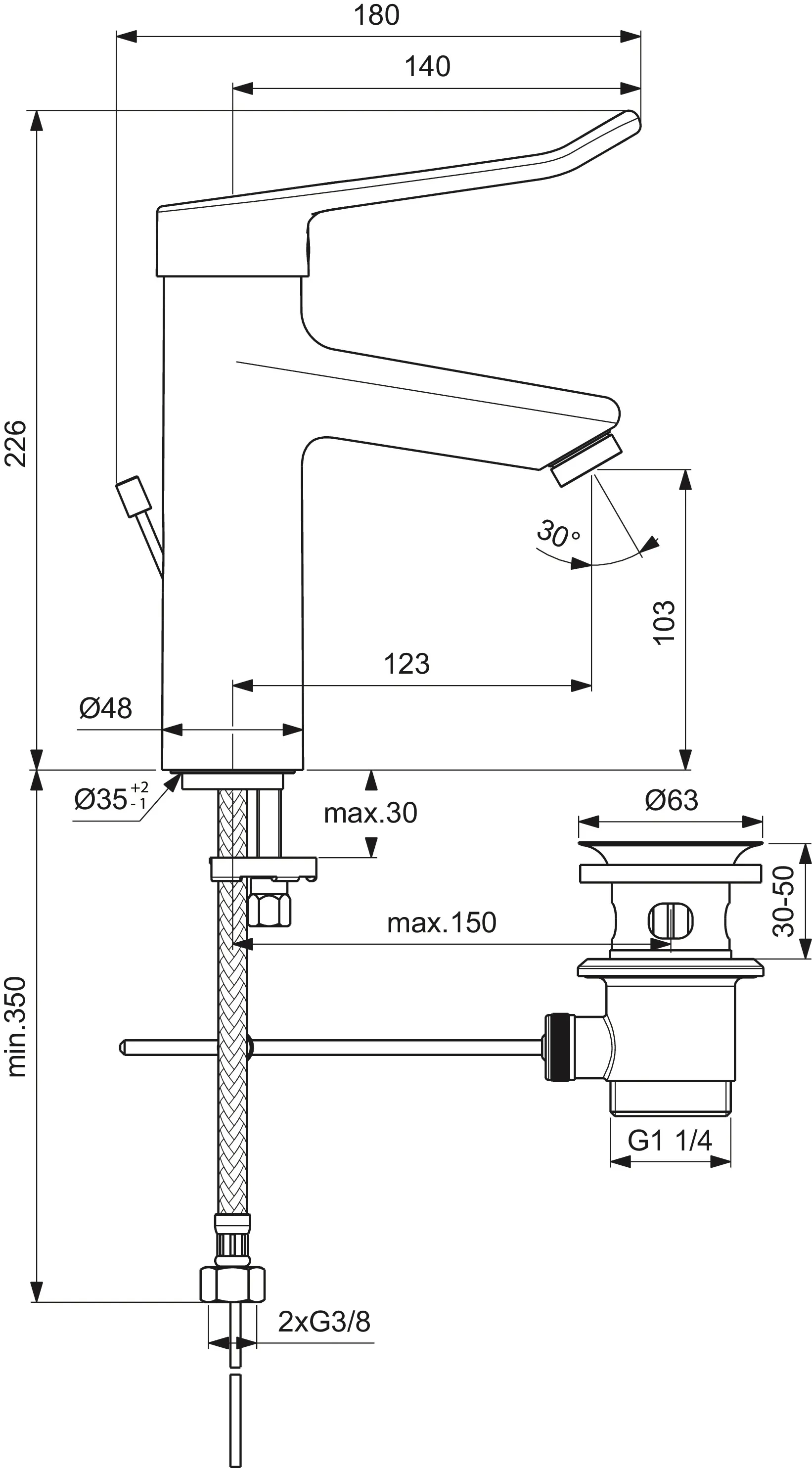 Waschtischarmatur Ceraplus Grande mit Bügelgriff mit Ablaufgarnitur Ausladung 123mm Chrom