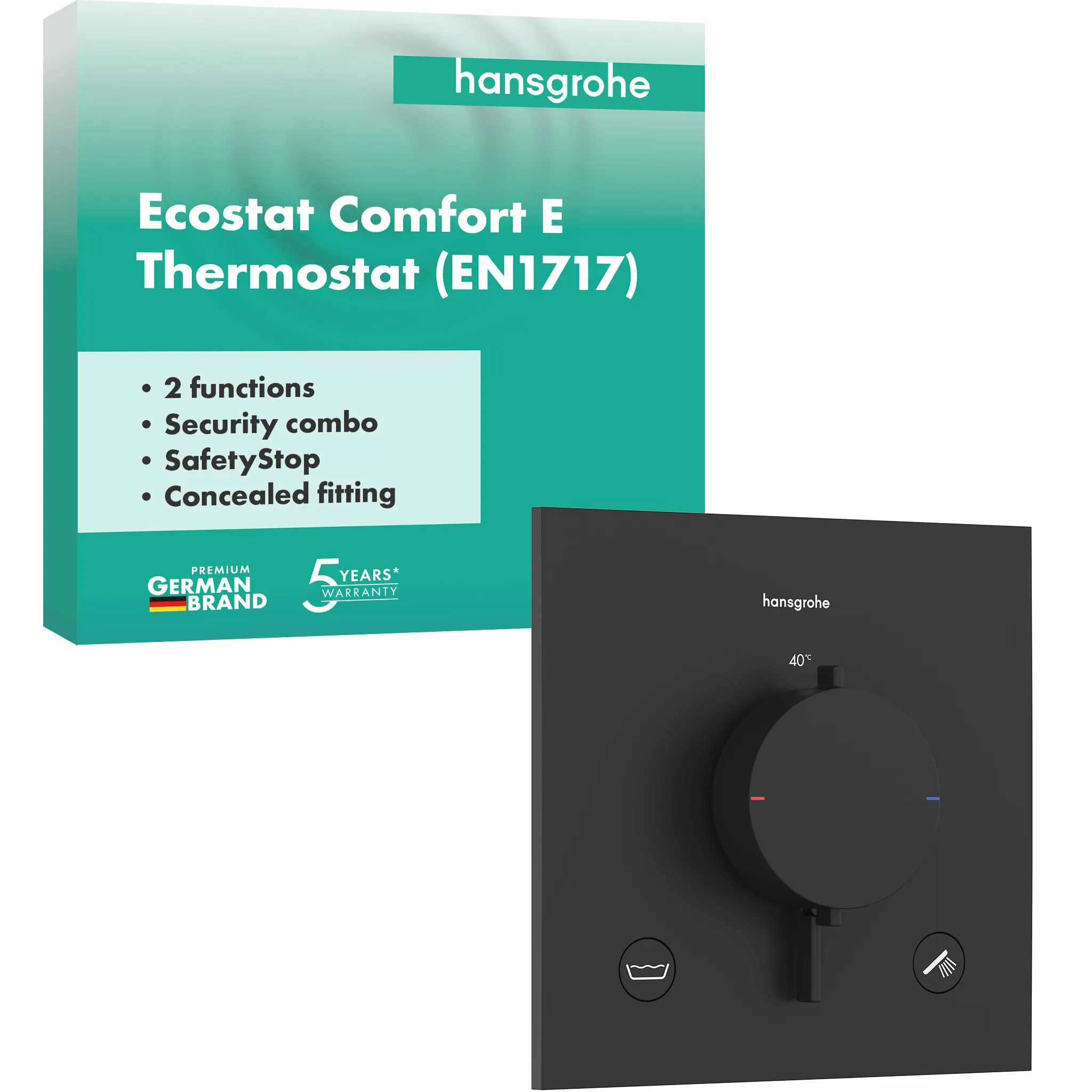 Hansgrohe Ecostat Comfort E Thermostat Unterputz, 2 Verbraucher, Mattschwarz, mit integrierter Sicherungskombination EN 1717